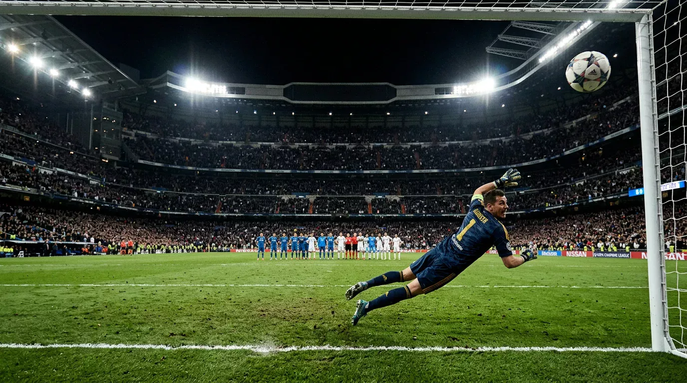 Football players on a floodlit pitch at night during a tense penalty shootout in a European World Cup qualifier