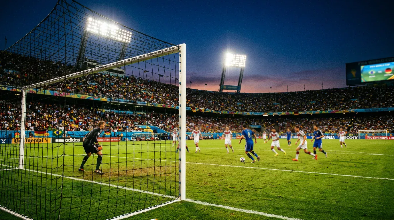 A floodlit football pitch seen from behind the goal net during an evening World Cup fixture under stadium lights