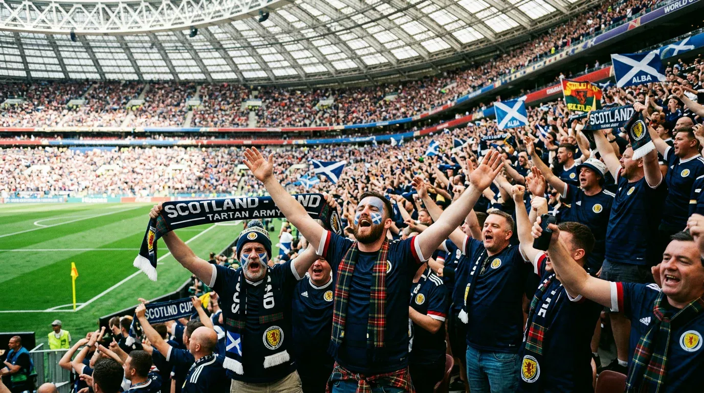 Scottish football supporters in tartan and national colours cheering inside a stadium before a World Cup match
