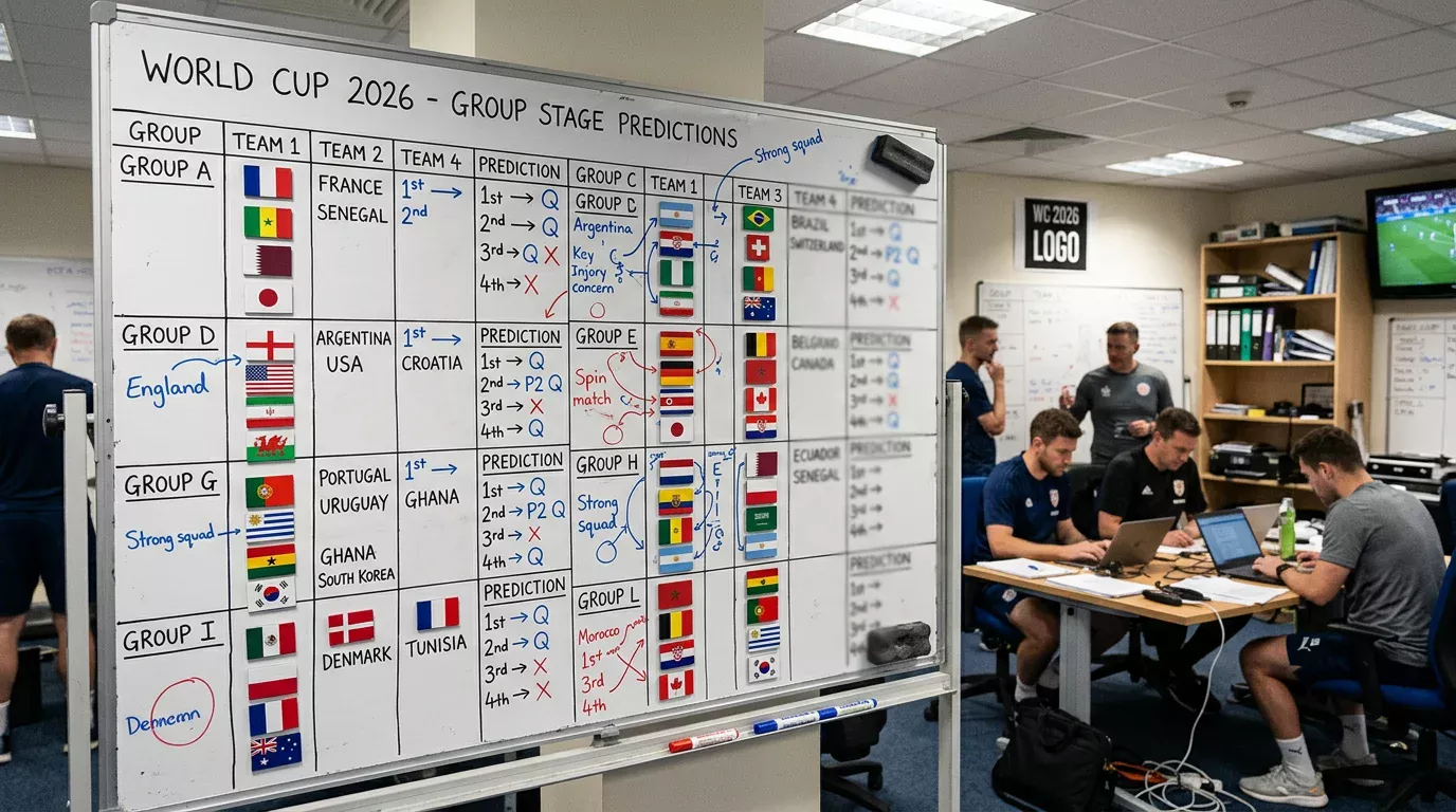 World Cup 2026 group stage predictions with flags of 48 teams arranged by group