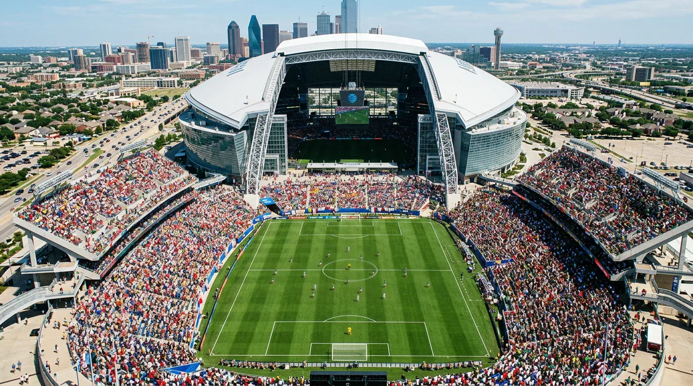 Aerial view of a packed football stadium during a World Cup 2026 group stage match in the United States