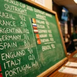 World Cup 2026 outright winner odds displayed on a betting board with flags of tournament favourites