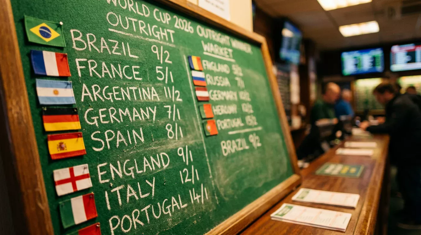 World Cup 2026 outright winner odds displayed on a betting board with flags of tournament favourites