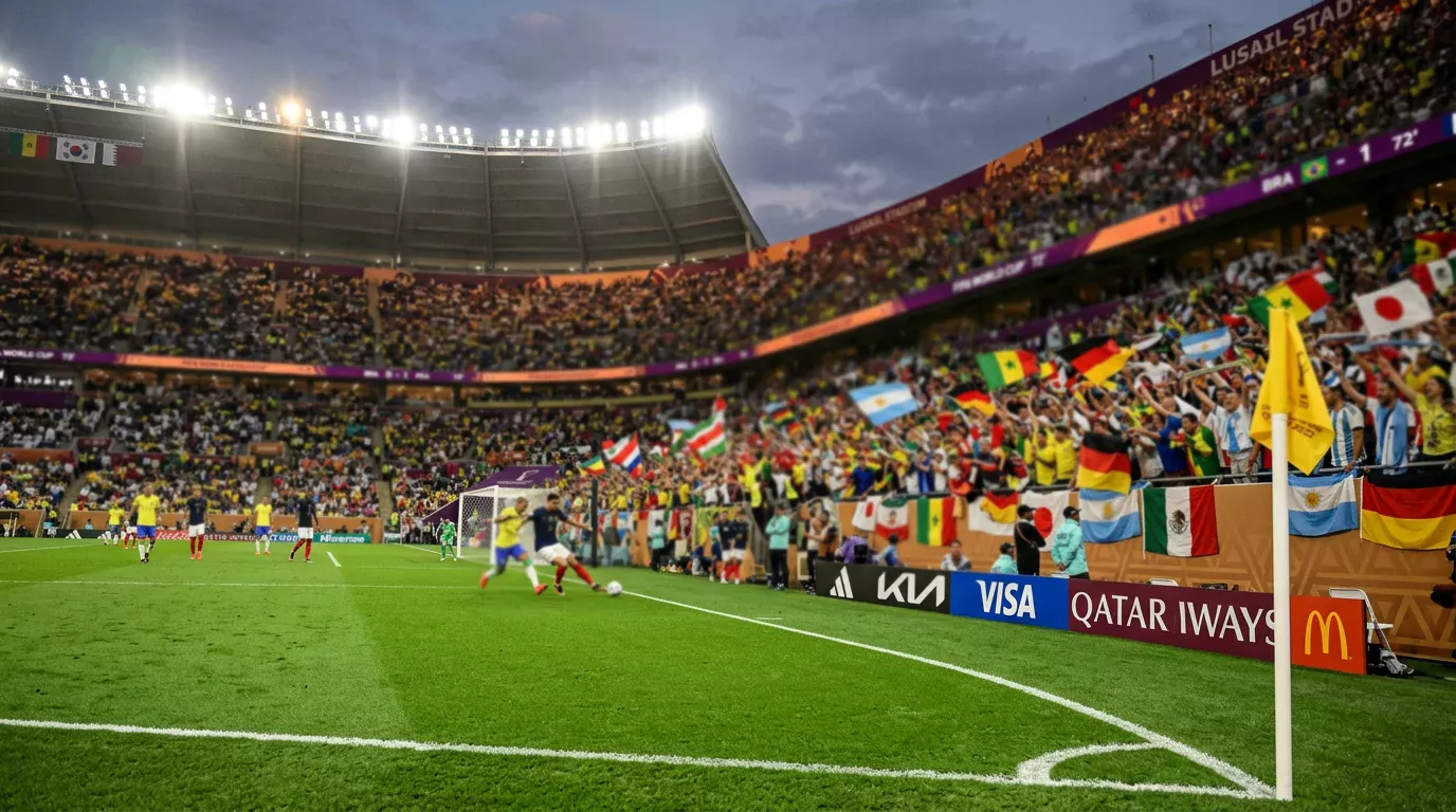 Football supporters from different nations gathered in a stadium during a World Cup group stage fixture